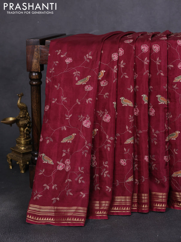 Semi crepe silk saree deep maroon with allover convent embroidery and temple zari woven border