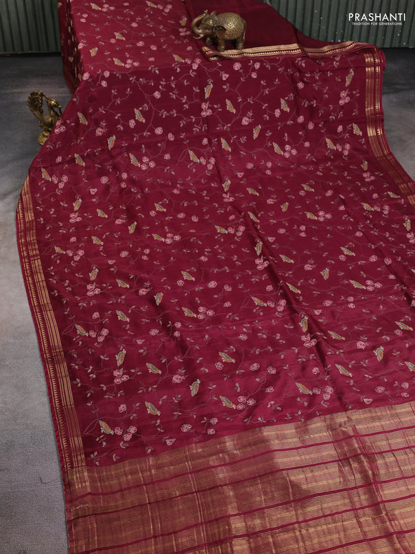 Semi crepe silk saree deep maroon with allover convent embroidery and temple zari woven border