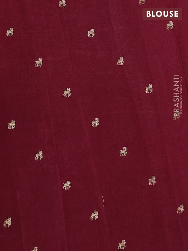 Semi crepe silk saree deep maroon with allover convent embroidery and temple zari woven border