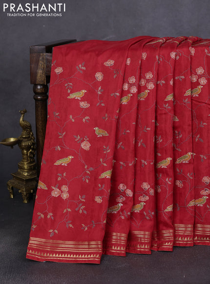 Semi crepe silk saree red with allover convent embroidery and temple zari woven border