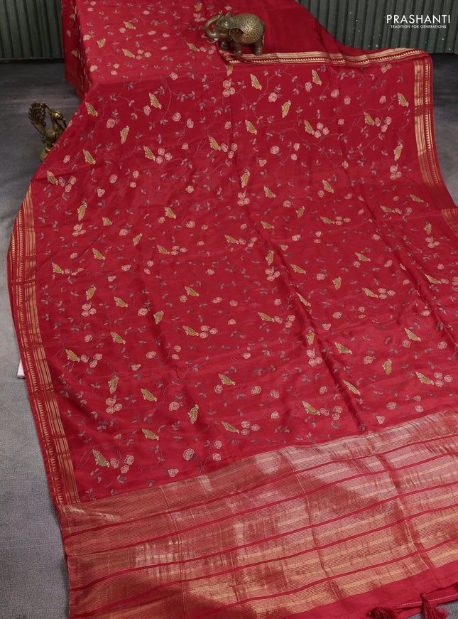Semi crepe silk saree red with allover convent embroidery and temple zari woven border
