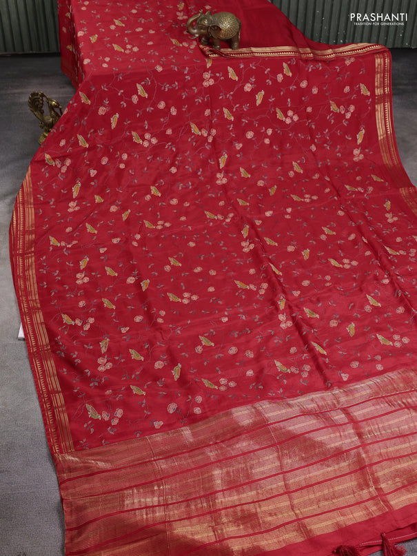 Semi crepe silk saree red with allover convent embroidery and temple zari woven border