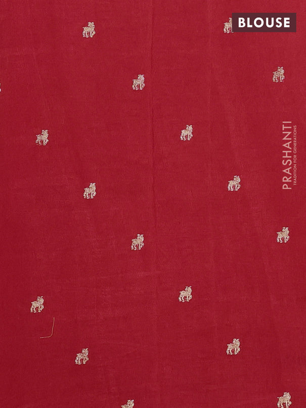 Semi crepe silk saree red with allover convent embroidery and temple zari woven border