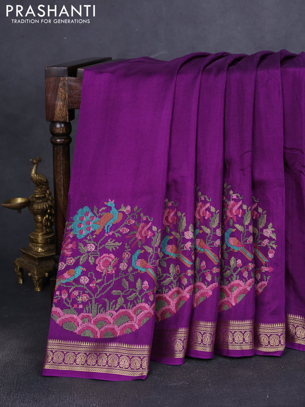 Semi crepe silk saree purple with convent embroidery and paisley zari woven border