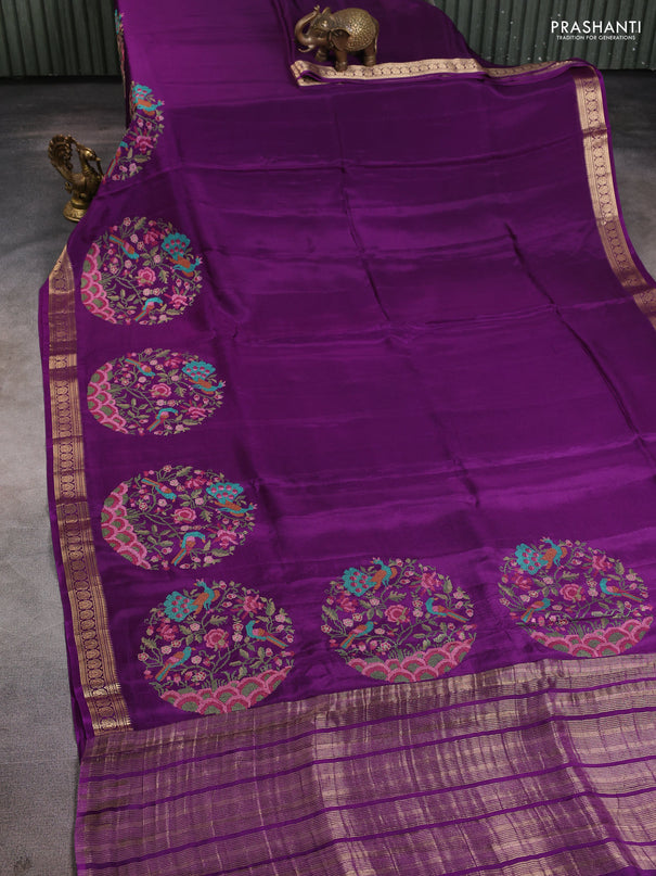 Semi crepe silk saree purple with convent embroidery and paisley zari woven border