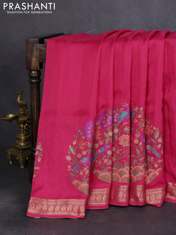 Semi crepe silk saree pink with convent embroidery and paisley zari woven border