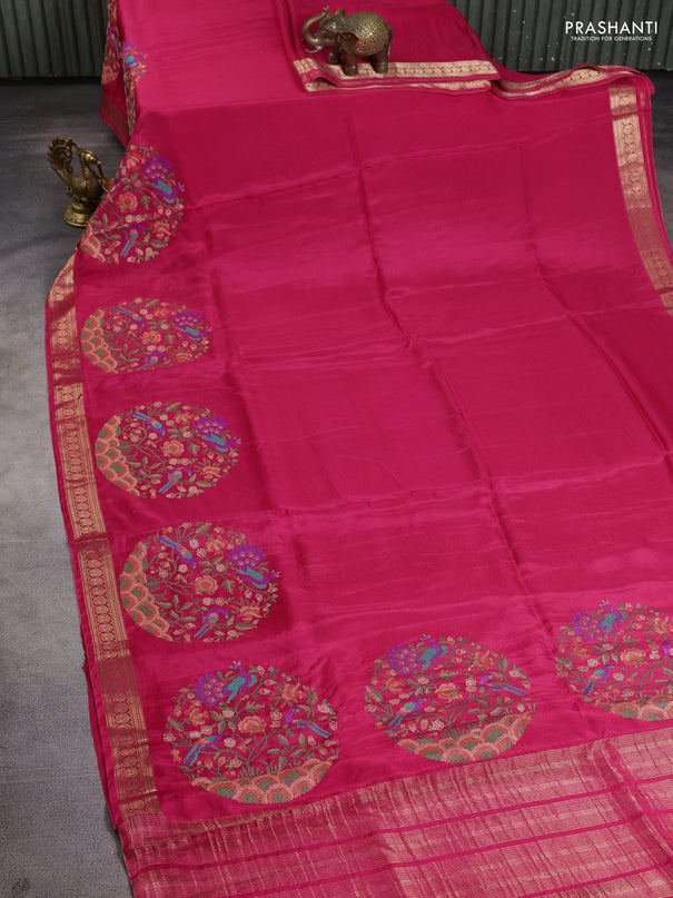 Semi crepe silk saree pink with convent embroidery and paisley zari woven border