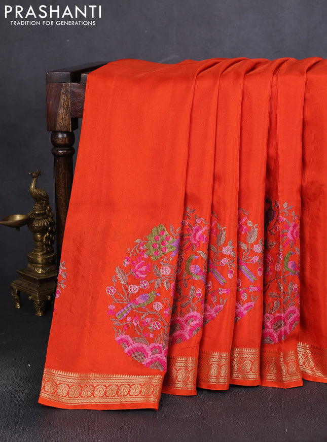 Semi crepe silk saree orange with convent embroidery and paisley zari woven border