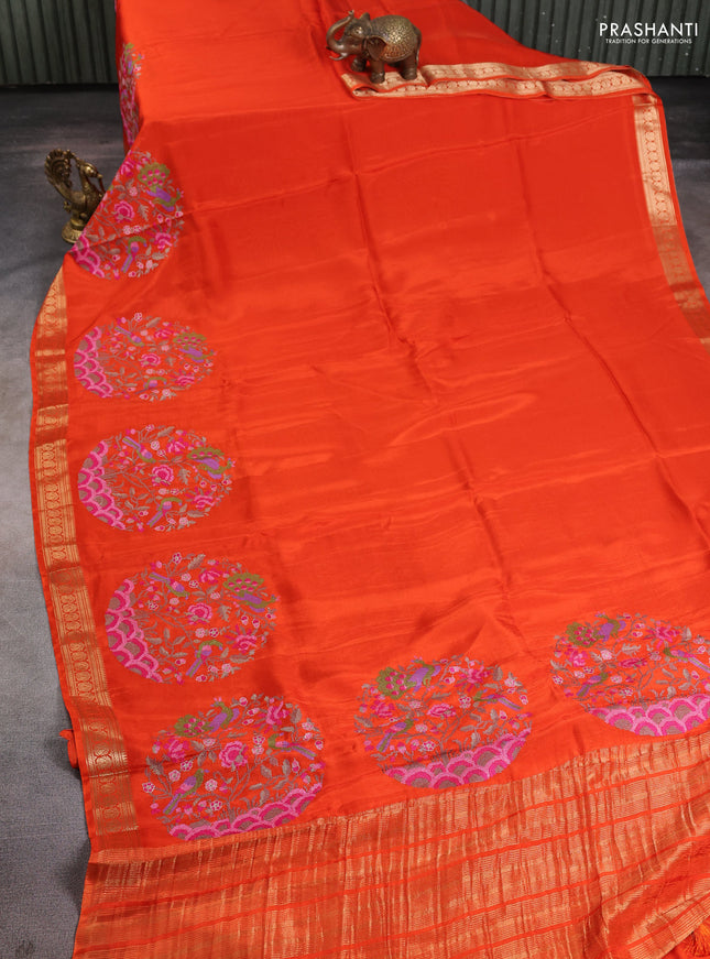 Semi crepe silk saree orange with convent embroidery and paisley zari woven border