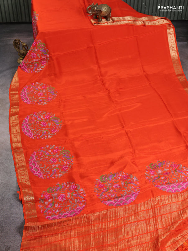 Semi crepe silk saree orange with convent embroidery and paisley zari woven border