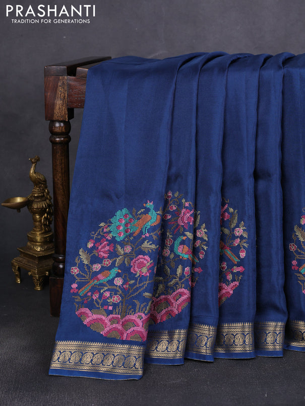 Semi crepe silk saree peacock blue with convent embroidery and paisley zari woven border