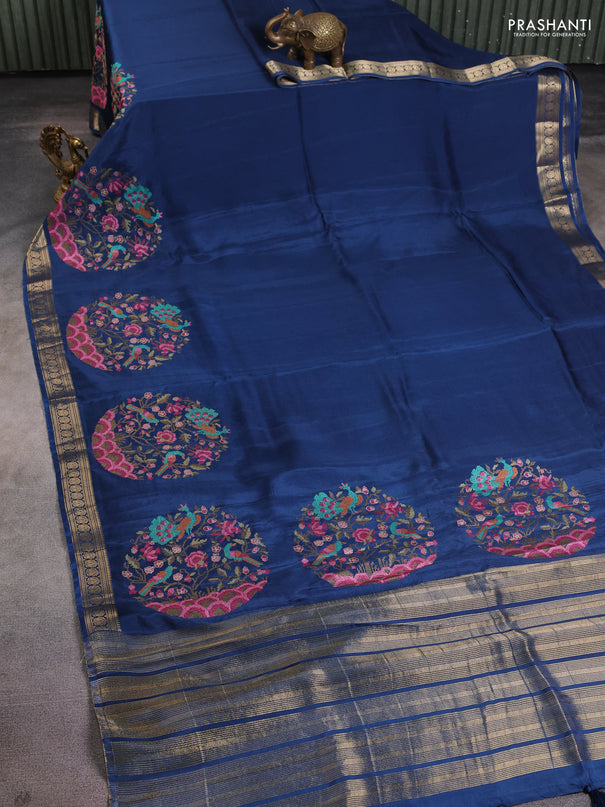 Semi crepe silk saree peacock blue with convent embroidery and paisley zari woven border