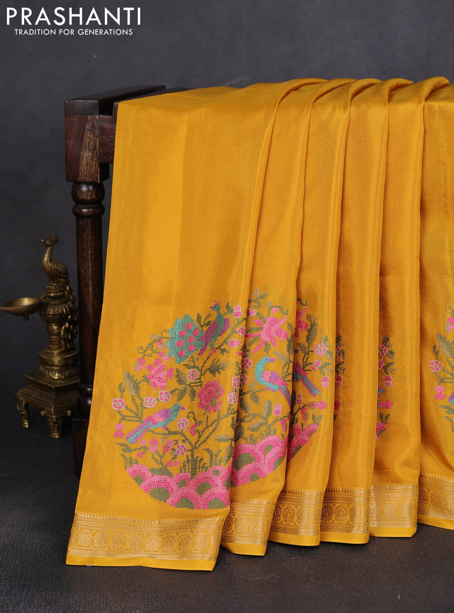 Semi crepe silk saree yellow with convent embroidery and paisley zari woven border
