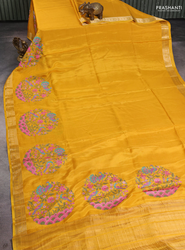Semi crepe silk saree yellow with convent embroidery and paisley zari woven border