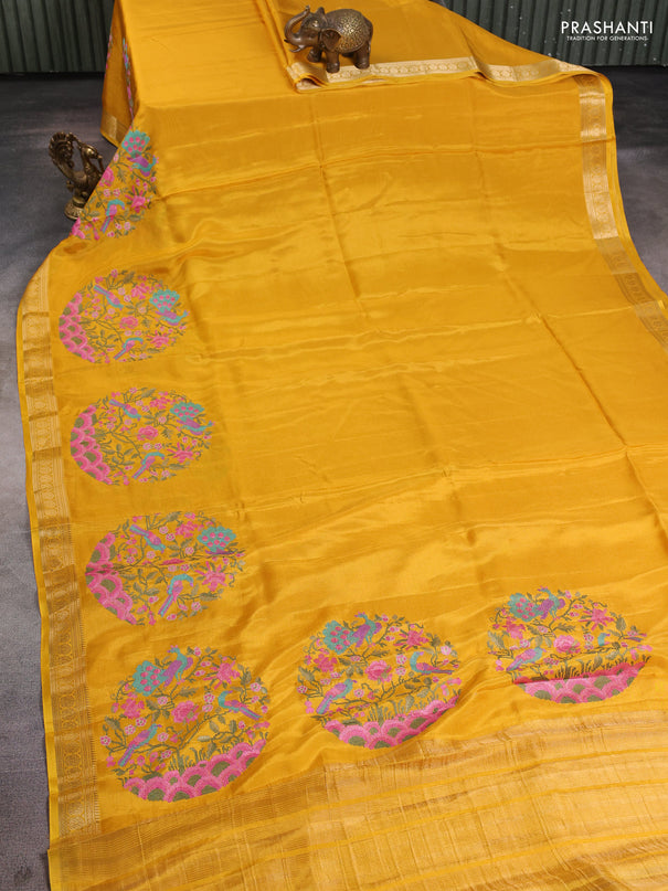 Semi crepe silk saree yellow with convent embroidery and paisley zari woven border