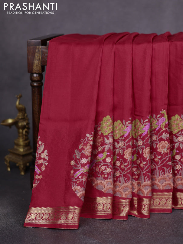 Semi crepe silk saree red with convent embroidery and paisley zari woven border