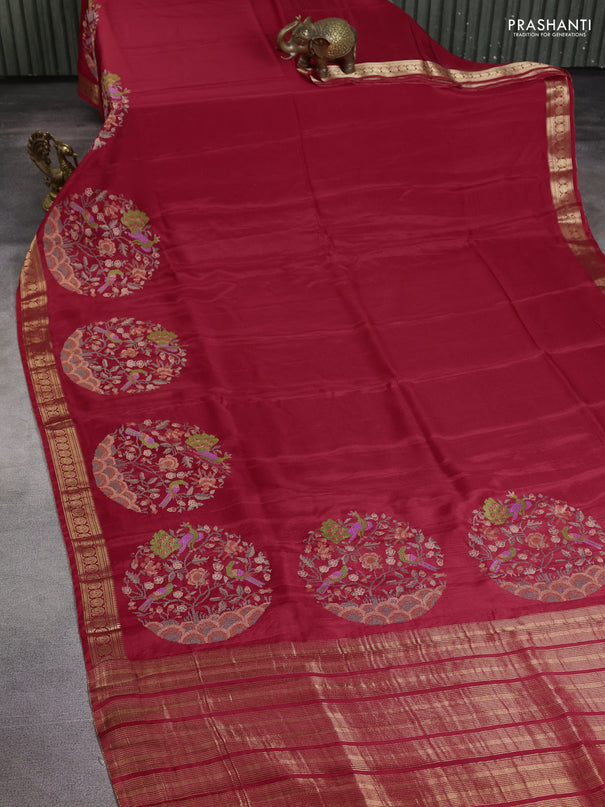 Semi crepe silk saree red with convent embroidery and paisley zari woven border