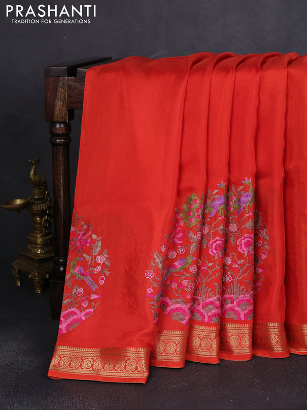 Semi crepe silk saree orange with convent embroidery and paisley zari woven border