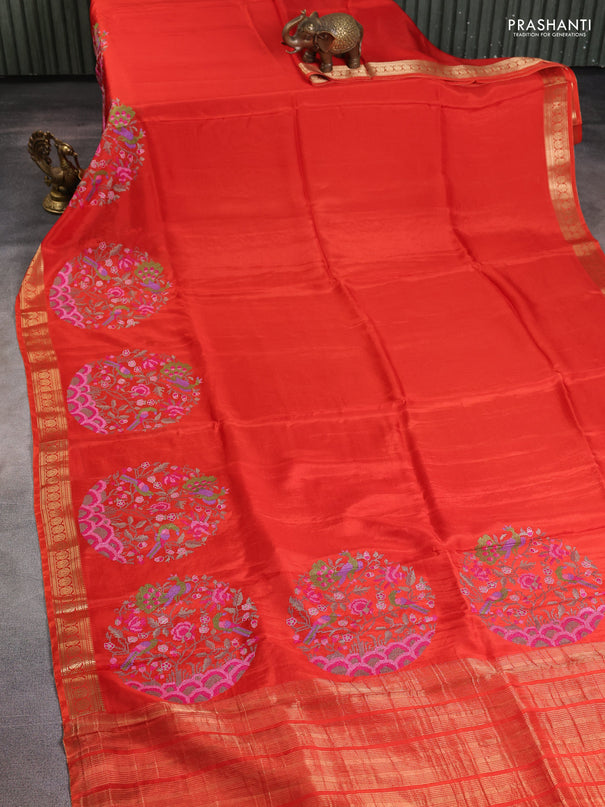 Semi crepe silk saree orange with convent embroidery and paisley zari woven border