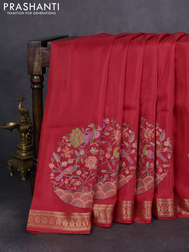 Semi crepe silk saree red with convent embroidery and paisley zari woven border