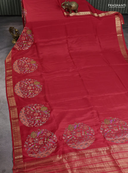 Semi crepe silk saree red with convent embroidery and paisley zari woven border