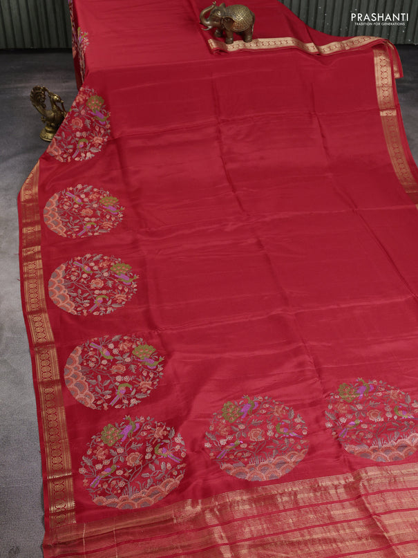 Semi crepe silk saree red with convent embroidery and paisley zari woven border