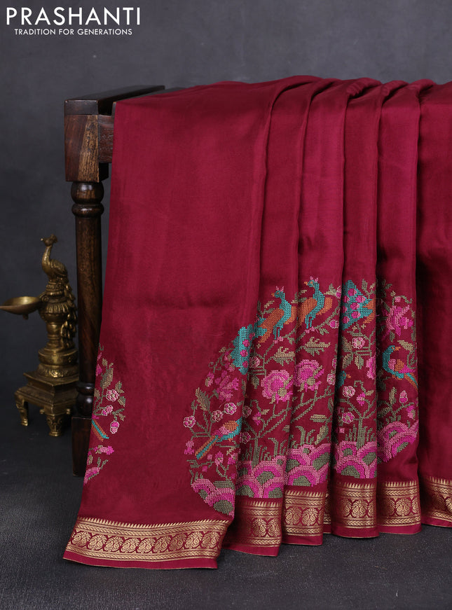 Semi crepe silk saree maroon with convent embroidery and paisley zari woven border
