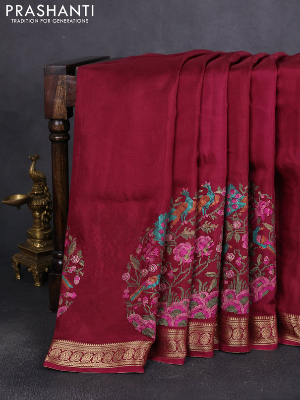 Semi crepe silk saree maroon with convent embroidery and paisley zari woven border