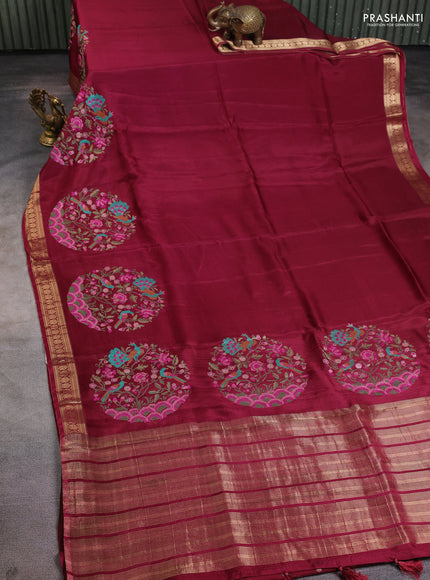 Semi crepe silk saree maroon with convent embroidery and paisley zari woven border