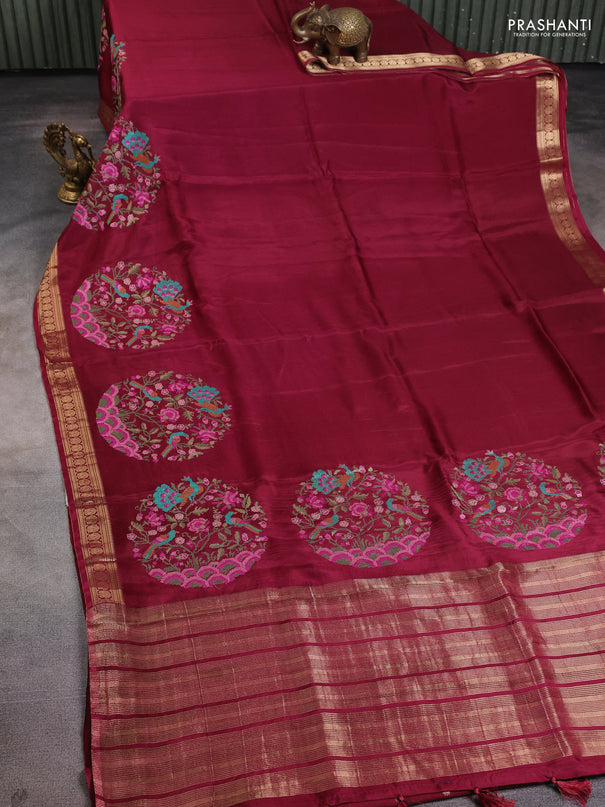 Semi crepe silk saree maroon with convent embroidery and paisley zari woven border