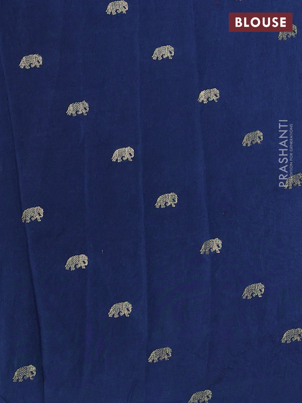 Semi crepe silk saree peacock blue with allover embroidery and elephant zari woven border