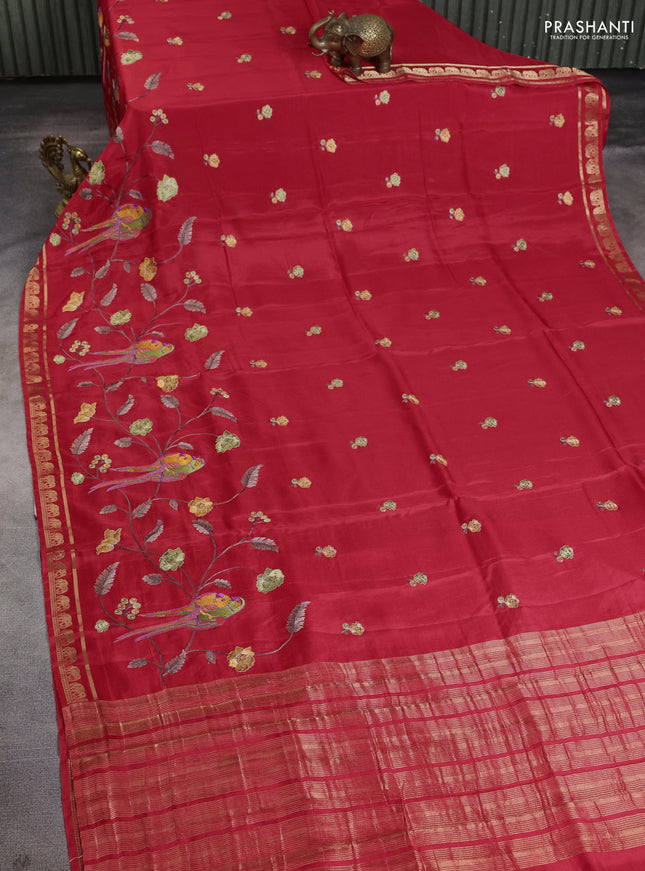 Semi crepe silk saree red with allover embroidery and elephant zari woven border