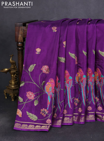 Semi crepe silk saree violet with allover embroidery and elephant zari woven border