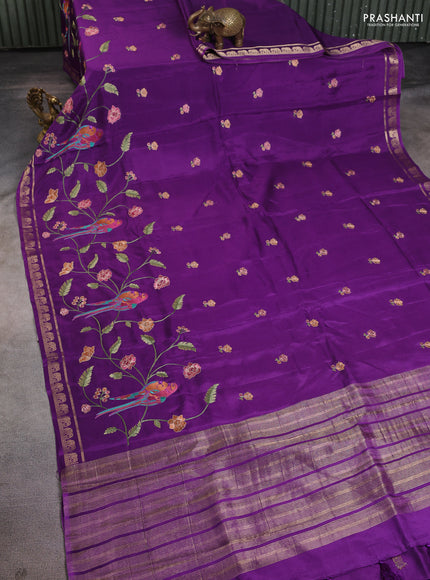 Semi crepe silk saree violet with allover embroidery and elephant zari woven border