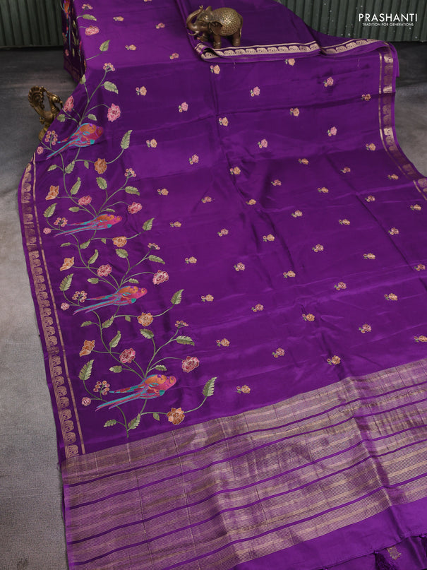 Semi crepe silk saree violet with allover embroidery and elephant zari woven border
