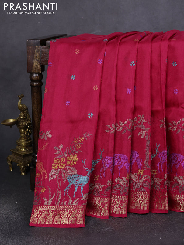 Semi crepe silk saree pink with allover convent embroidery and peacock zari woven border