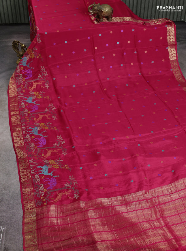 Semi crepe silk saree pink with allover convent embroidery and peacock zari woven border