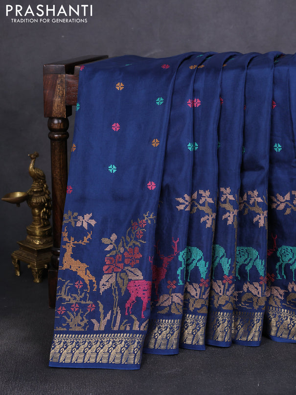 Semi crepe silk saree peacock blue with allover convent embroidery and peacock zari woven border