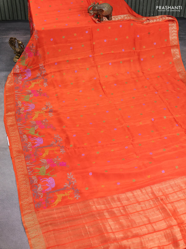 Semi crepe silk saree orange with allover convent embroidery and peacock zari woven border