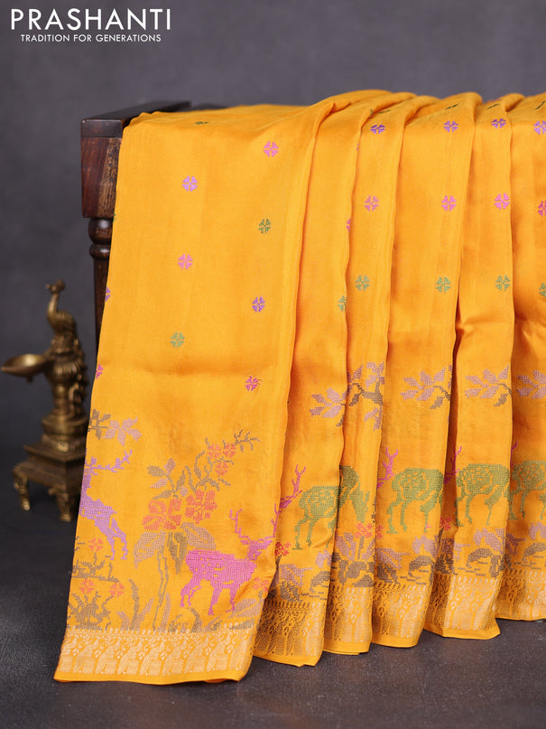 Semi crepe silk saree yellow with allover convent embroidery and peacock zari woven border