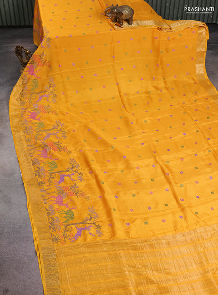 Semi crepe silk saree yellow with allover convent embroidery and peacock zari woven border