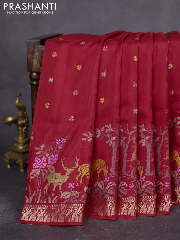 Semi crepe silk saree red with allover convent embroidery and peacock zari woven border