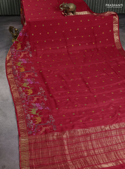 Semi crepe silk saree red with allover convent embroidery and peacock zari woven border