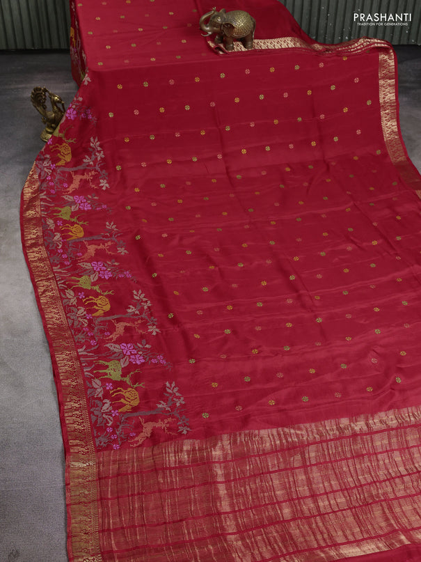 Semi crepe silk saree red with allover convent embroidery and peacock zari woven border