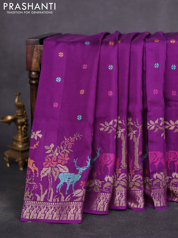 Semi crepe silk saree violet with allover convent embroidery and peacock zari woven border