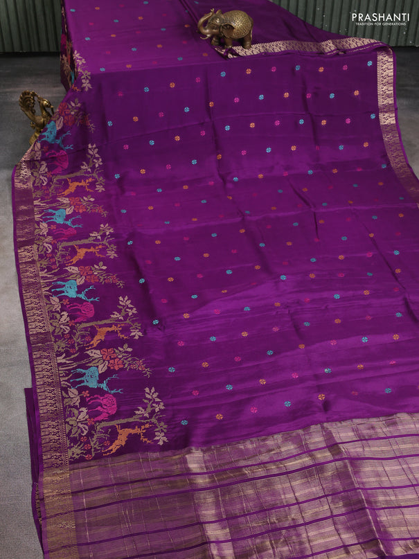 Semi crepe silk saree violet with allover convent embroidery and peacock zari woven border