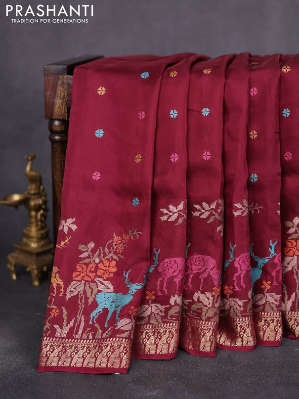 Semi crepe silk saree deep maroon with allover convent embroidery and peacock zari woven border