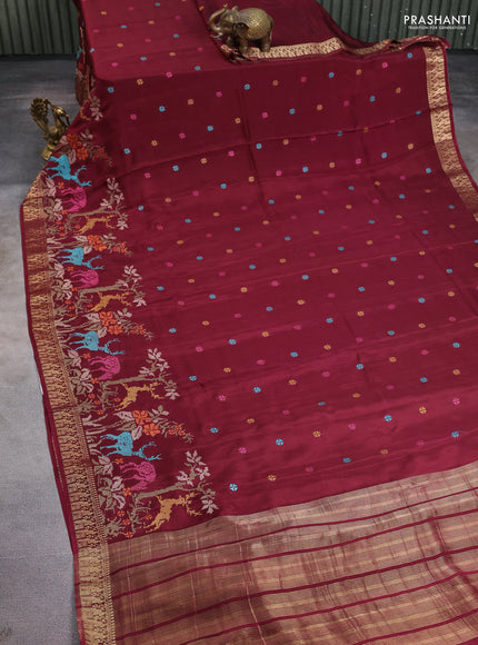 Semi crepe silk saree deep maroon with allover convent embroidery and peacock zari woven border