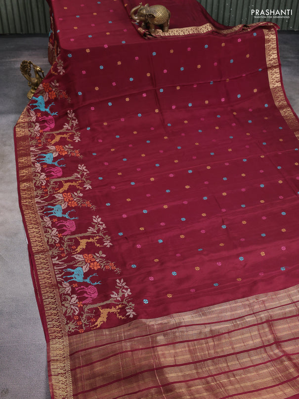 Semi crepe silk saree deep maroon with allover convent embroidery and peacock zari woven border
