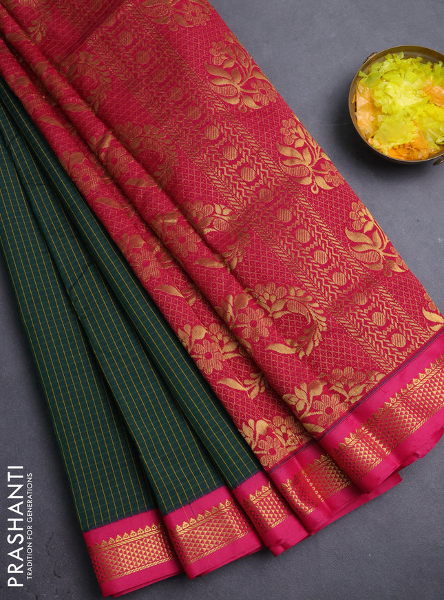 10 Yards semi silk saree bottle green and magenta pink with allover small checked pattern and temple zari woven korvai border
